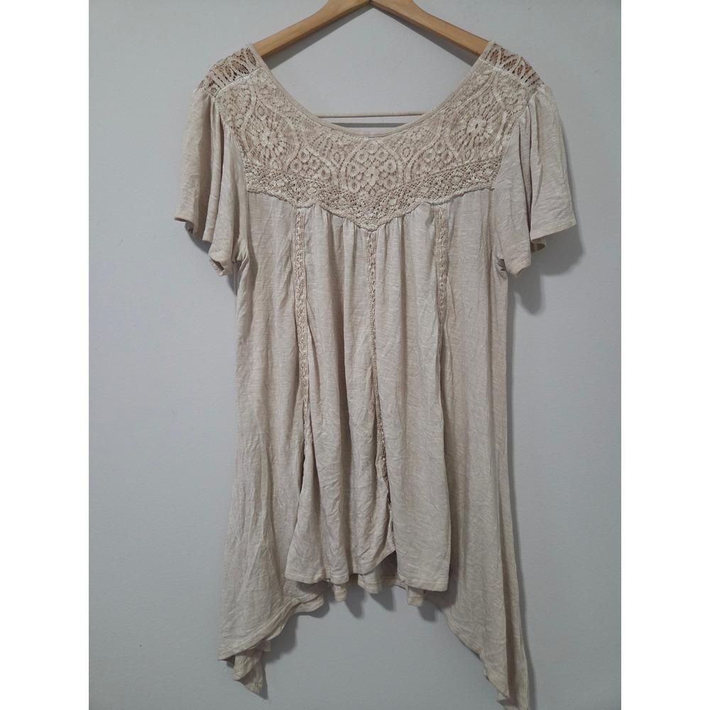 Artesia Womens Crochet Lace Yoke Sharkbite Hem Tunic Top Beige Tan Medium